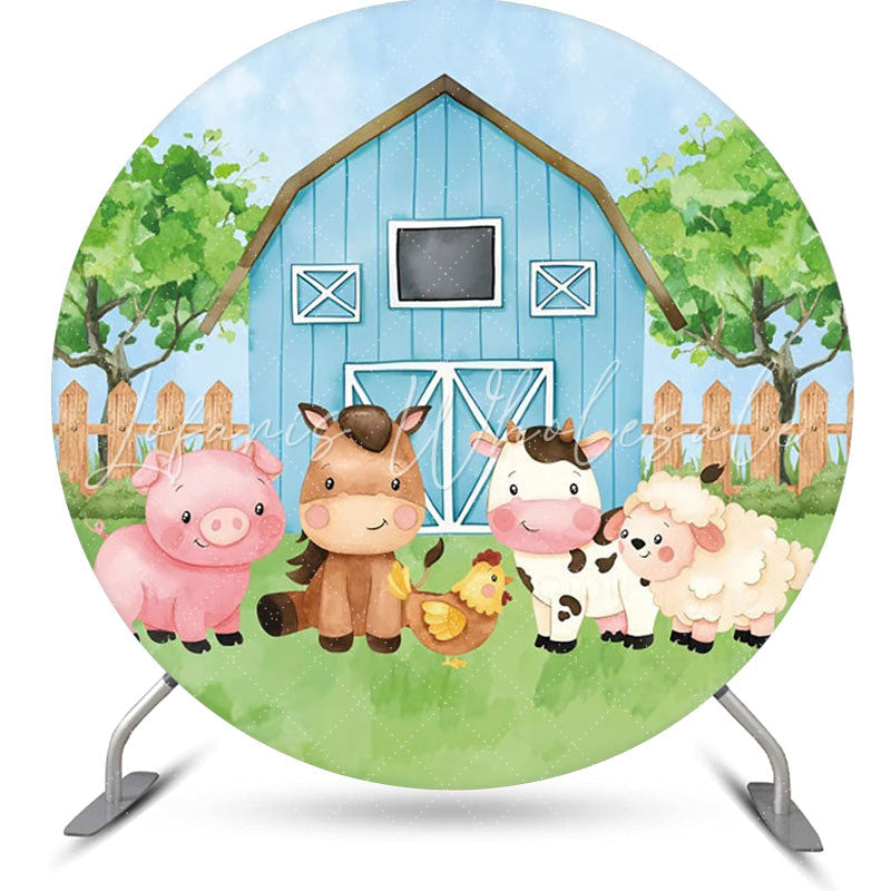 Lofaris Blue Barn Animals Grass Tree Round Birthday Backdrop