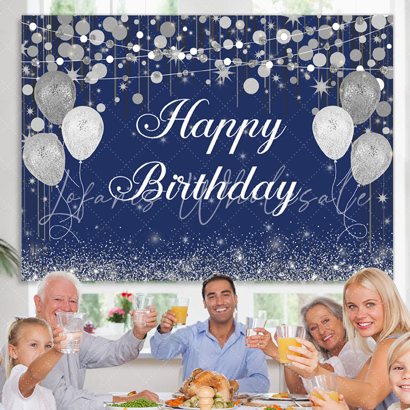 Lofaris Blue Boken and Silver Balloon Happy Birthday Backdrop