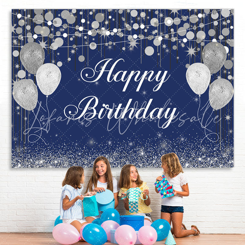 Lofaris Blue Boken and Silver Balloon Happy Birthday Backdrop
