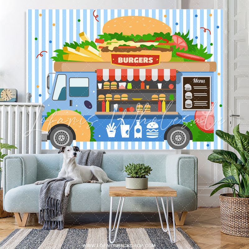 Lofaris Blue Burgers Truck Theme Birthday Backdrop For Boys