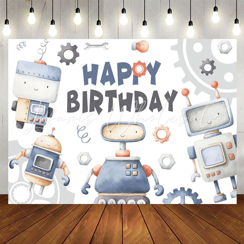 Lofaris Blue Cartoon Robot Happy Birthday Backdrop For Boy