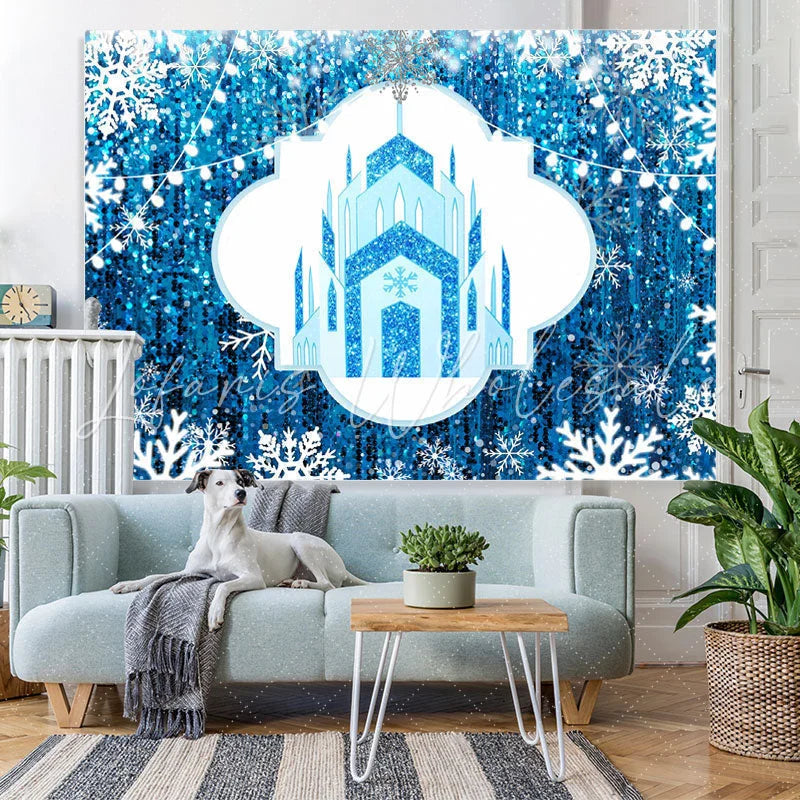 Lofaris Blue Castle And White Snowflake Christmas Backdrop