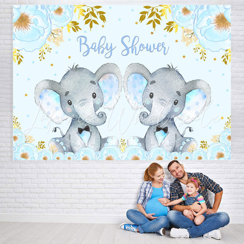 Lofaris Blue Elephant And Floral Baby Shower Backdrop For Twins