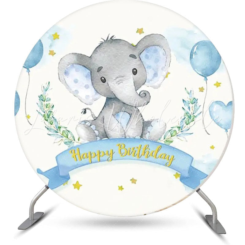 Lofaris Blue Elephant Balloon Stars Round Birthday Backdrop