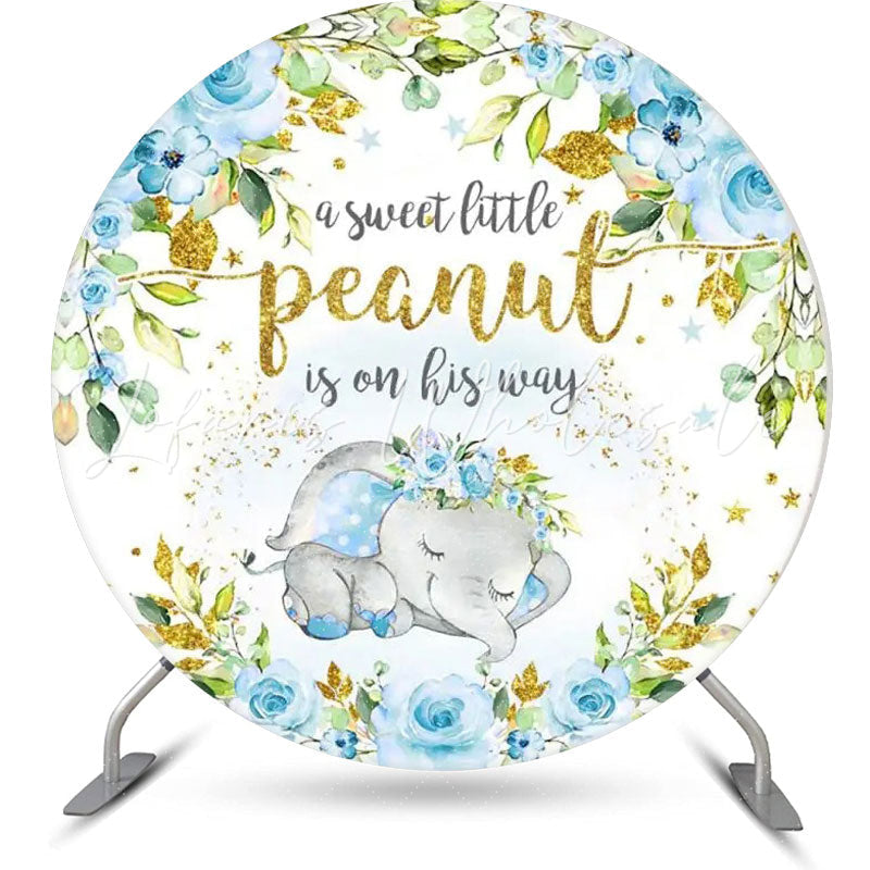 Lofaris Blue Elephant Floral Gold Round Baby Shower Backdrop