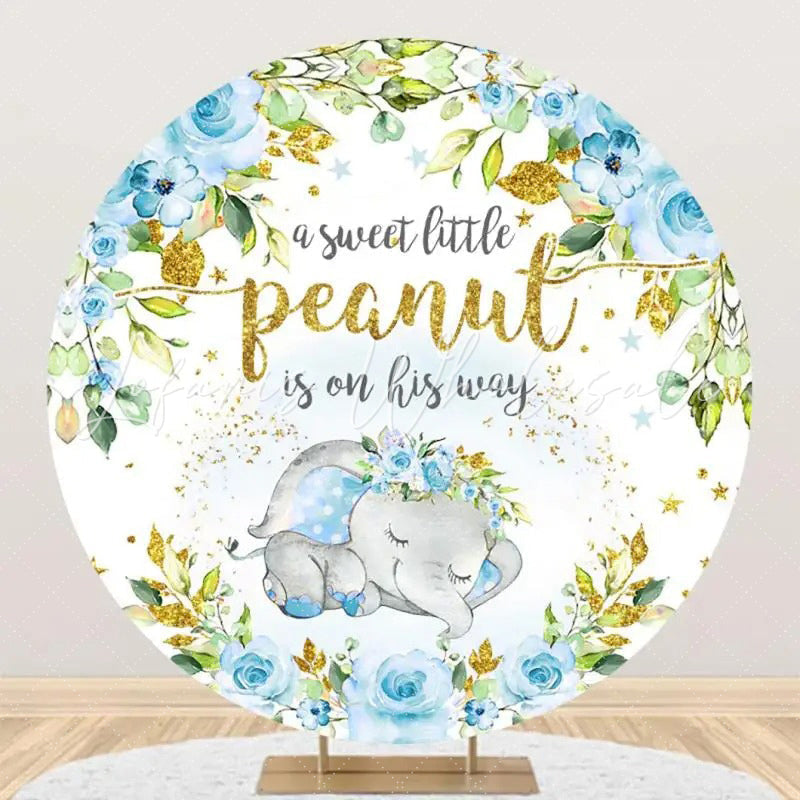 Lofaris Blue Elephant Floral Gold Round Baby Shower Backdrop