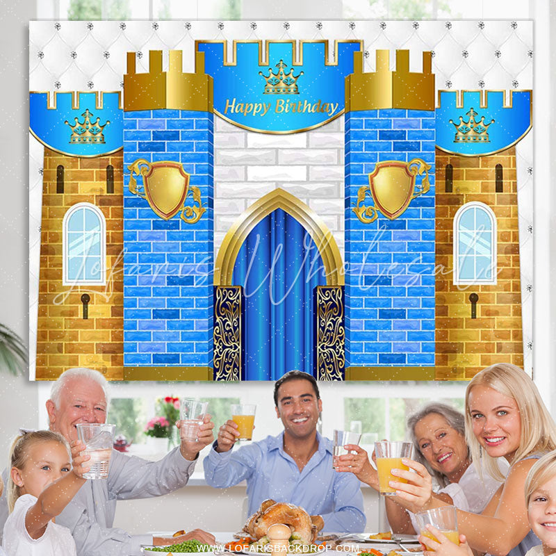 Lofaris Blue Gold And White Brick Wall Happy Birthday Backdrop