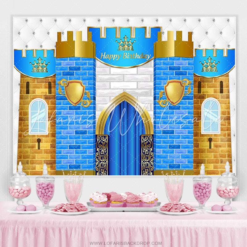 Lofaris Blue Gold And White Brick Wall Happy Birthday Backdrop