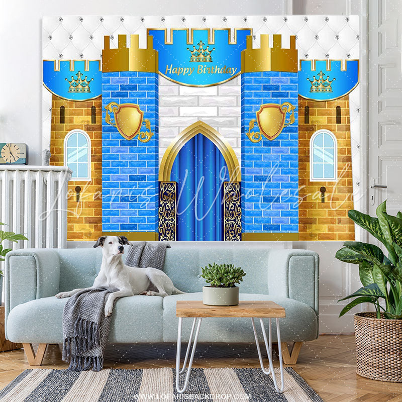 Lofaris Blue Gold And White Brick Wall Happy Birthday Backdrop