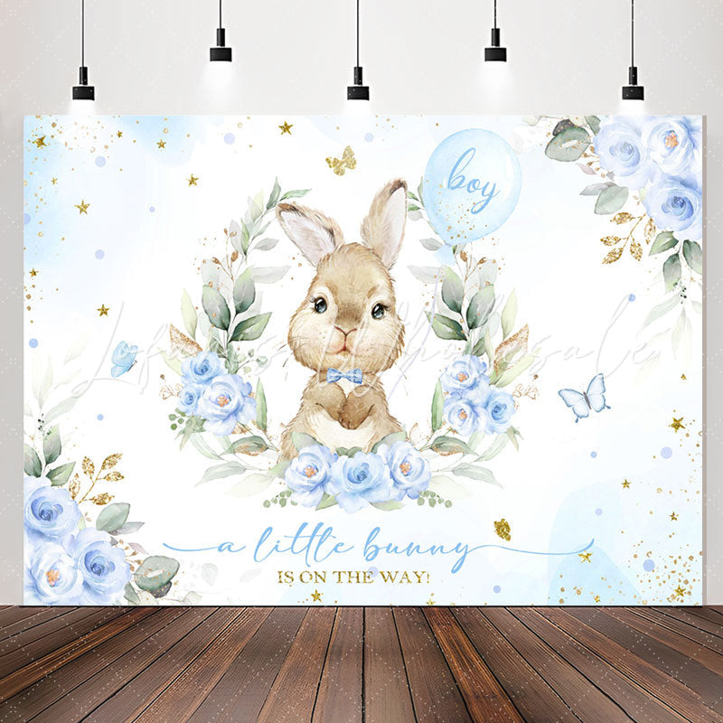 Lofaris Blue Little Bunny Floral Boy Baby Shower Backdrop