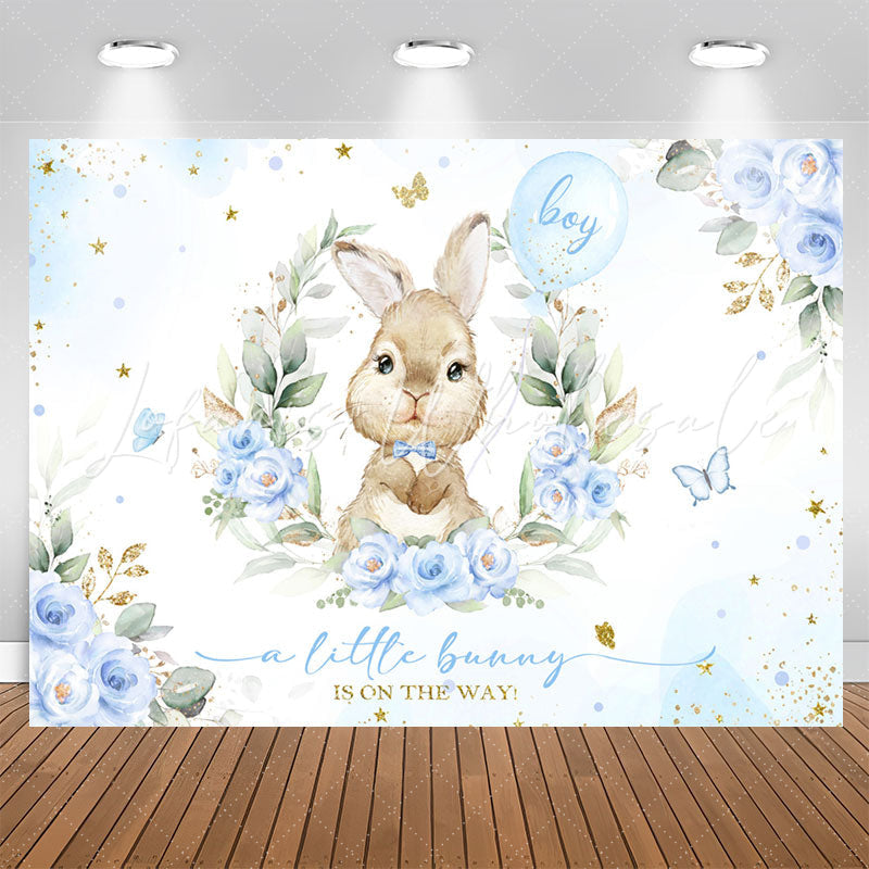 Lofaris Blue Little Bunny Floral Boy Baby Shower Backdrop