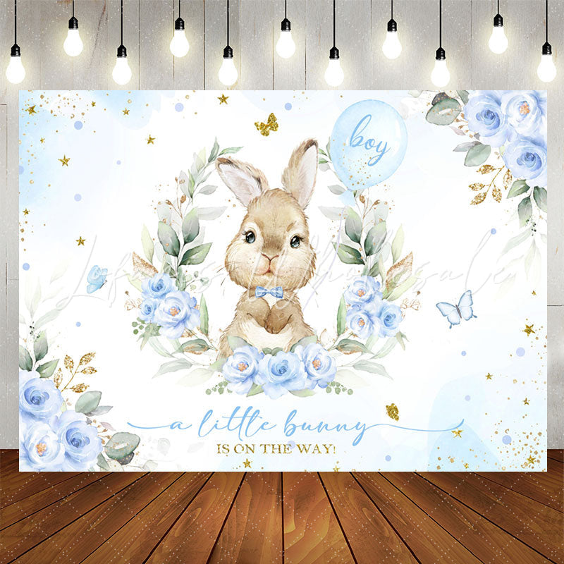 Lofaris Blue Little Bunny Floral Boy Baby Shower Backdrop