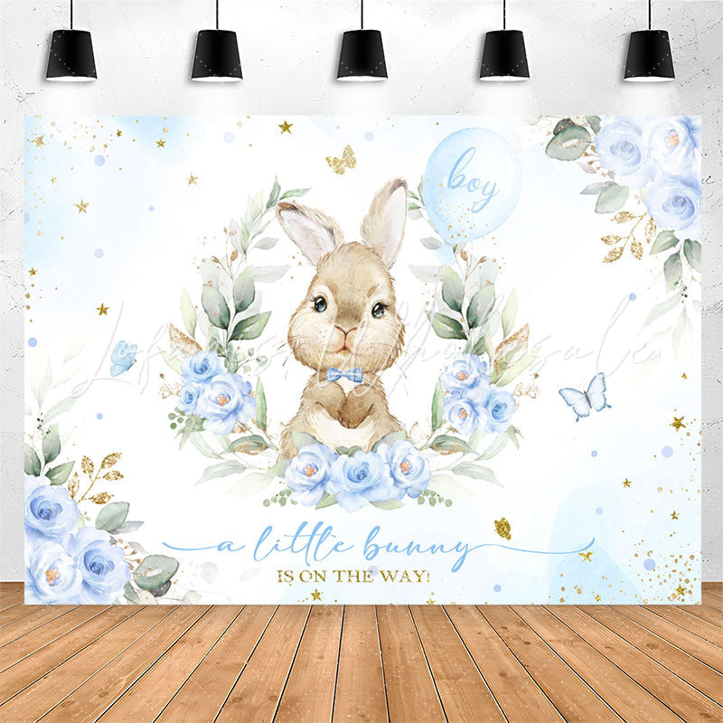 Lofaris Blue Little Bunny Floral Boy Baby Shower Backdrop