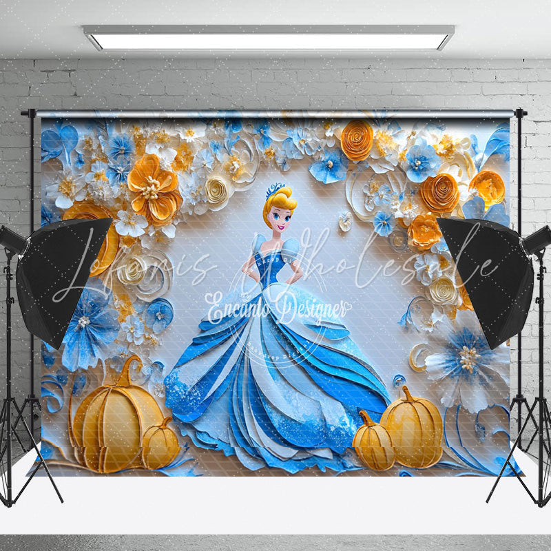 Blue Orange Floral Pumpkin Cinderella Photo Backdrop