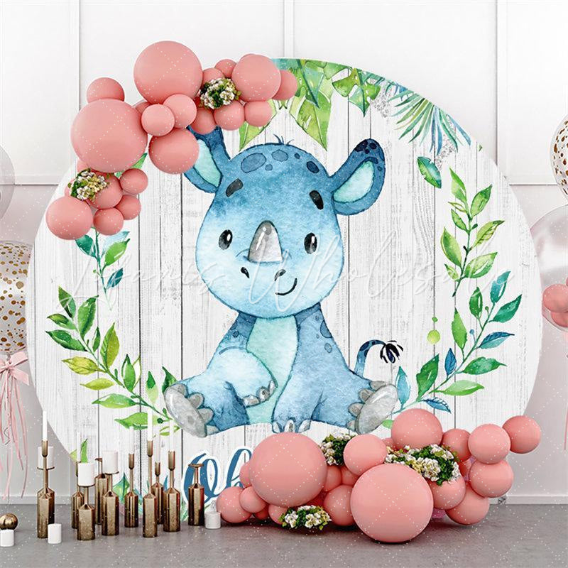 Lofaris Blue Rhinoceros With Wood Round Baby Shower Backdrop