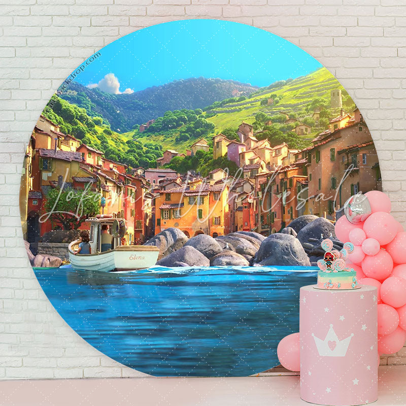 Lofaris Blue Sea Peaceful Town Mountain Round Luca Backdrop