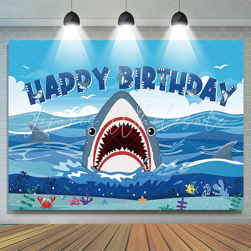 Lofaris Blue Sea Sky Fierce Shark Birthday Backdrop For Boys