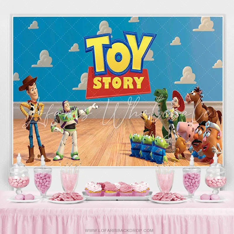 Lofaris Blue Sky White Cloud And Cartoon Toy Birthday Backdrop