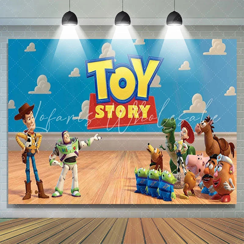 Lofaris Blue Sky White Cloud And Cartoon Toy Birthday Backdrop