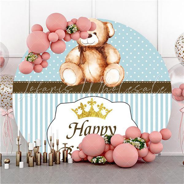 Lofaris Blue Stripe And Teddy Bear Crown Round Birthday Backdrop
