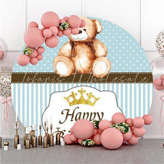 Lofaris Blue Stripe And Teddy Bear Crown Round Birthday Backdrop