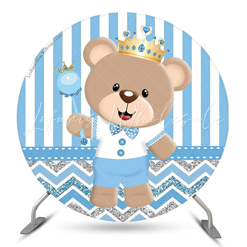 Lofaris Blue Stripes Bear Birthday Round Backdrop Cover