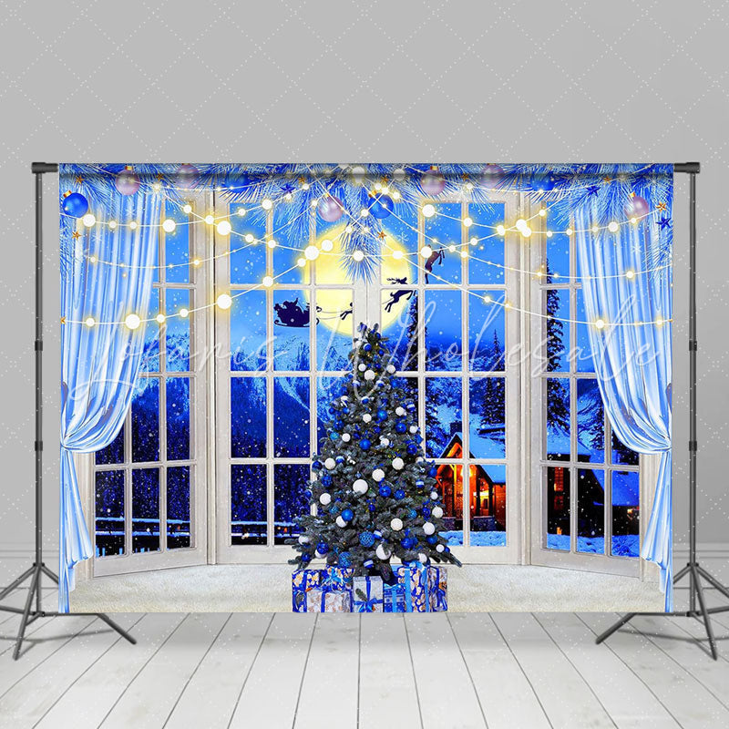 Lofaris Blue Tree Window Moon Sleigh Christmas Backdrop
