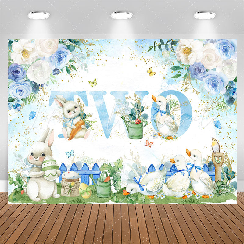 Lofaris Blue White Floral Rabbit Duck 2nd Birthday Backdrop