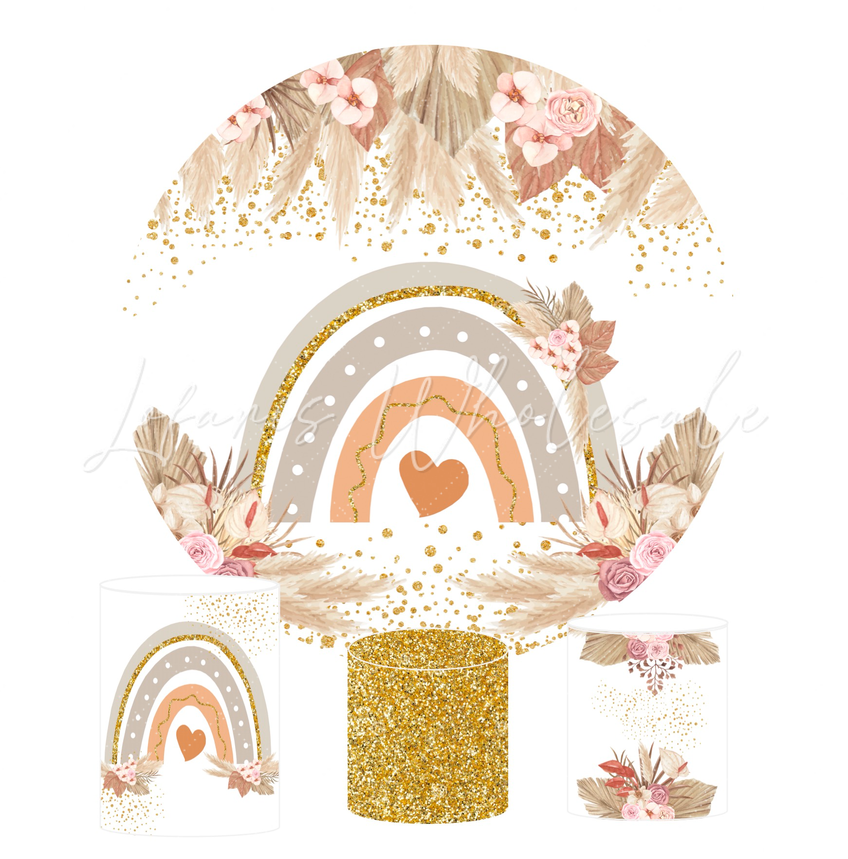 Boho Flora Rainbow Birthday Baby Shower Party Round Backdrop Cover Plinth Cylinder Pedestal Cover
