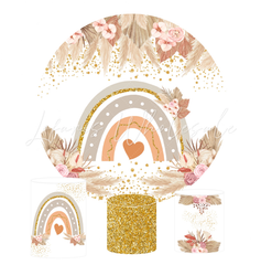 Boho Flora Rainbow Birthday Baby Shower Party Round Backdrop Cover Plinth Cylinder Pedestal Cover