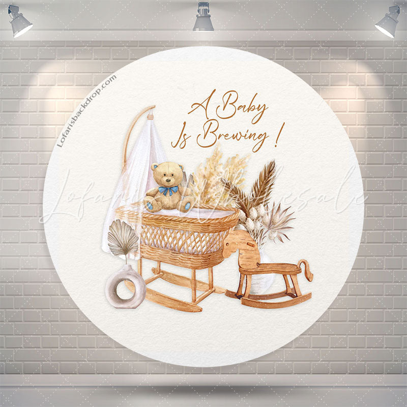 Lofaris Boho Teddy Bear Cradle Baby Shower Round Backdrop