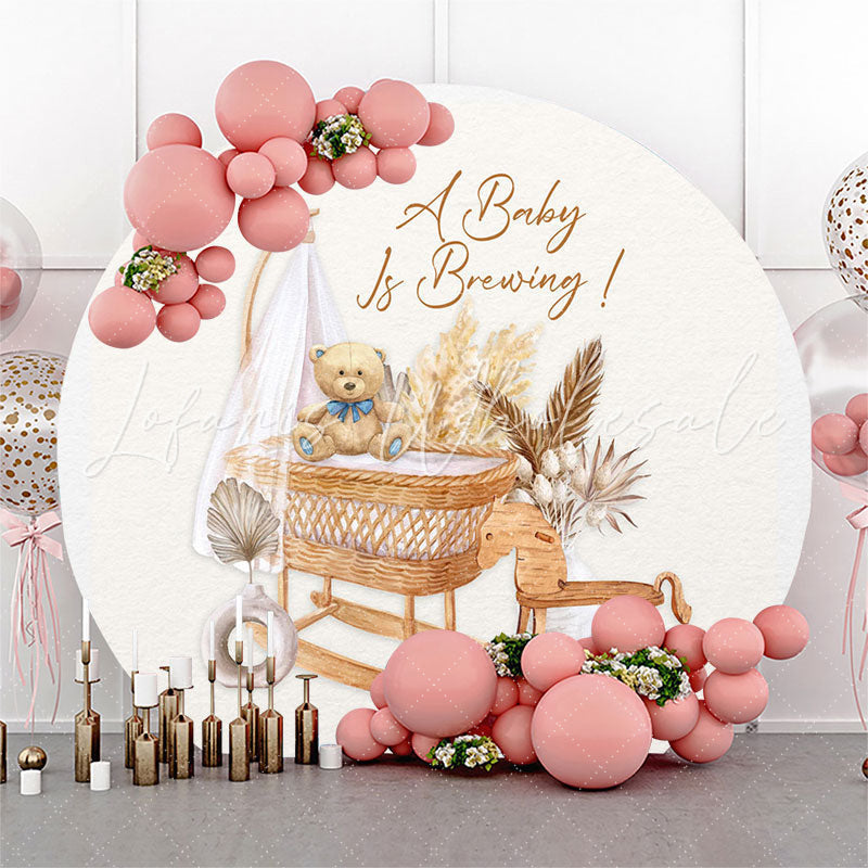 Lofaris Boho Teddy Bear Cradle Baby Shower Round Backdrop