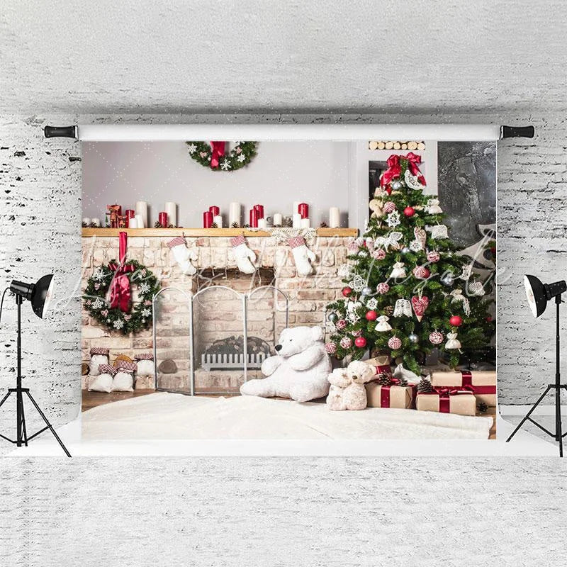 Lofaris Brick Fireplace Bear Gifts Christmas Tree Backdrops