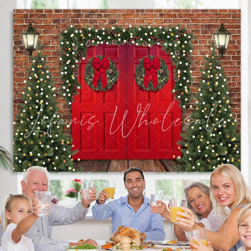 Lofaris Brick Red Door Christmas Tree Lights Wood Floor Backdrop