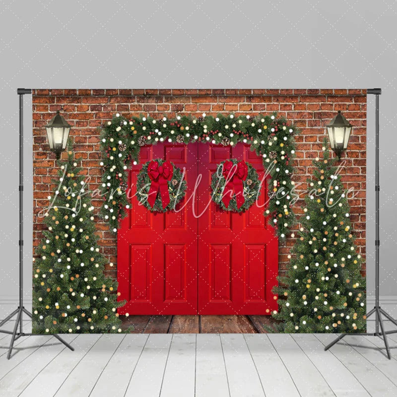 Lofaris Brick Red Door Christmas Tree Lights Wood Floor Backdrop