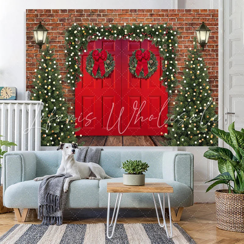 Lofaris Brick Red Door Christmas Tree Lights Wood Floor Backdrop