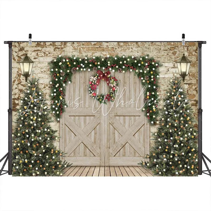 Lofaris Brick Wall And Wood Barn Door Christmas Photo Backdrop