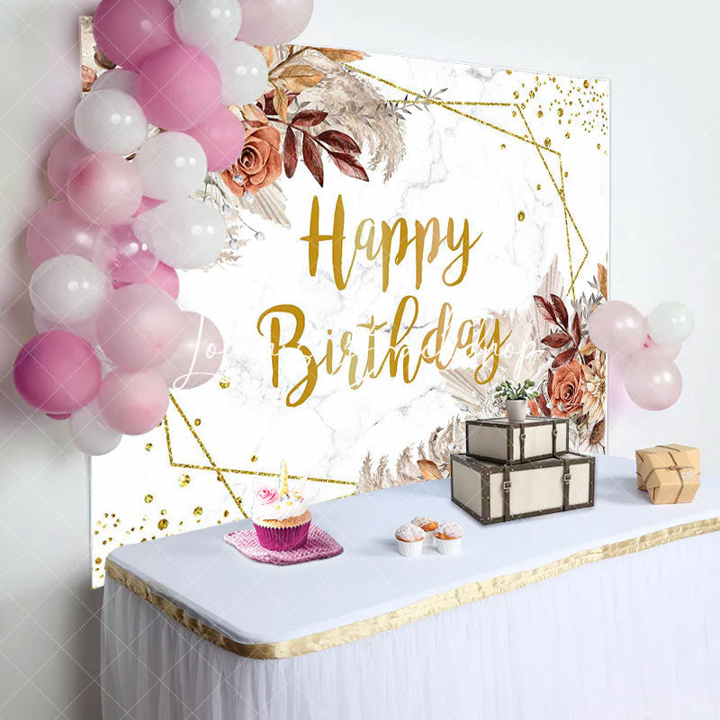 Lofaris Brown Floral Boho Marble Texture Birthday Backdrop