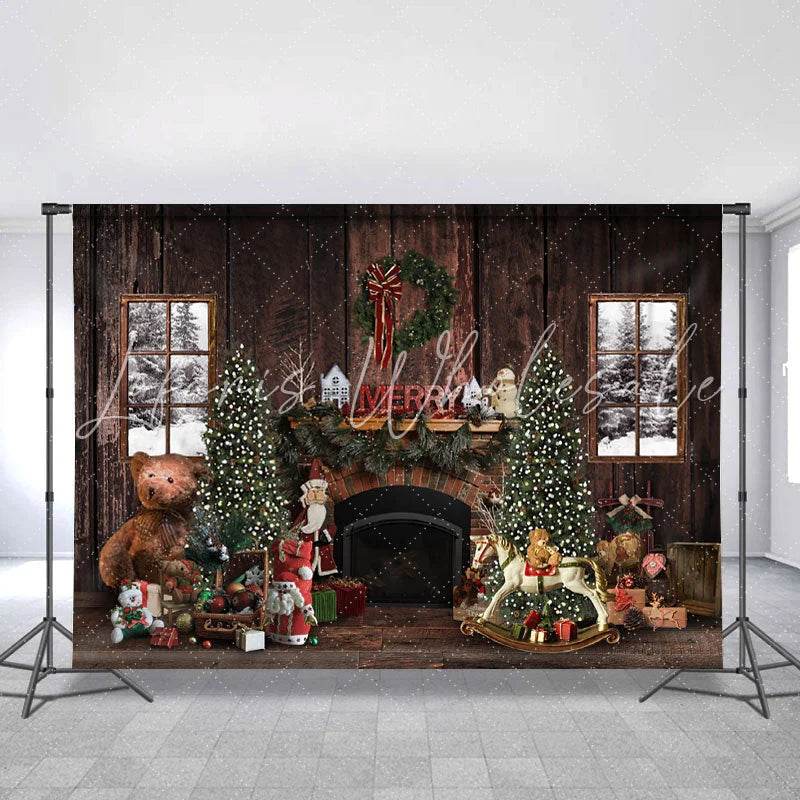 Lofaris Brown Wood House And Teddy Bear Merry Chrismas Backdorp