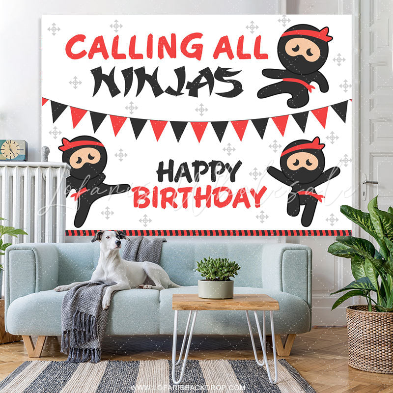 Lofaris Calling All Ninjas Cartoon Happy Birthday Backdrop
