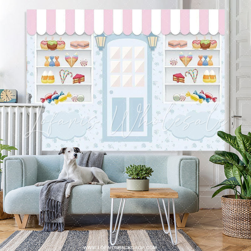 Lofaris Candy Store Ice Cream Blue Happy Birthday Backdrop