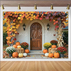 Capture Autumn Backdrop with Maple Leaves for Fall Harvest Rustic Wooden Door and Pumpkin Background for Photo Studio