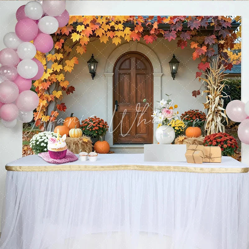 Capture Autumn Backdrop with Maple Leaves for Fall Harvest Rustic Wooden Door and Pumpkin Background for Photo Studio