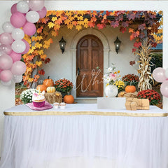 Capture Autumn Backdrop with Maple Leaves for Fall Harvest Rustic Wooden Door and Pumpkin Background for Photo Studio