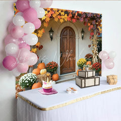 Capture Autumn Backdrop with Maple Leaves for Fall Harvest Rustic Wooden Door and Pumpkin Background for Photo Studio