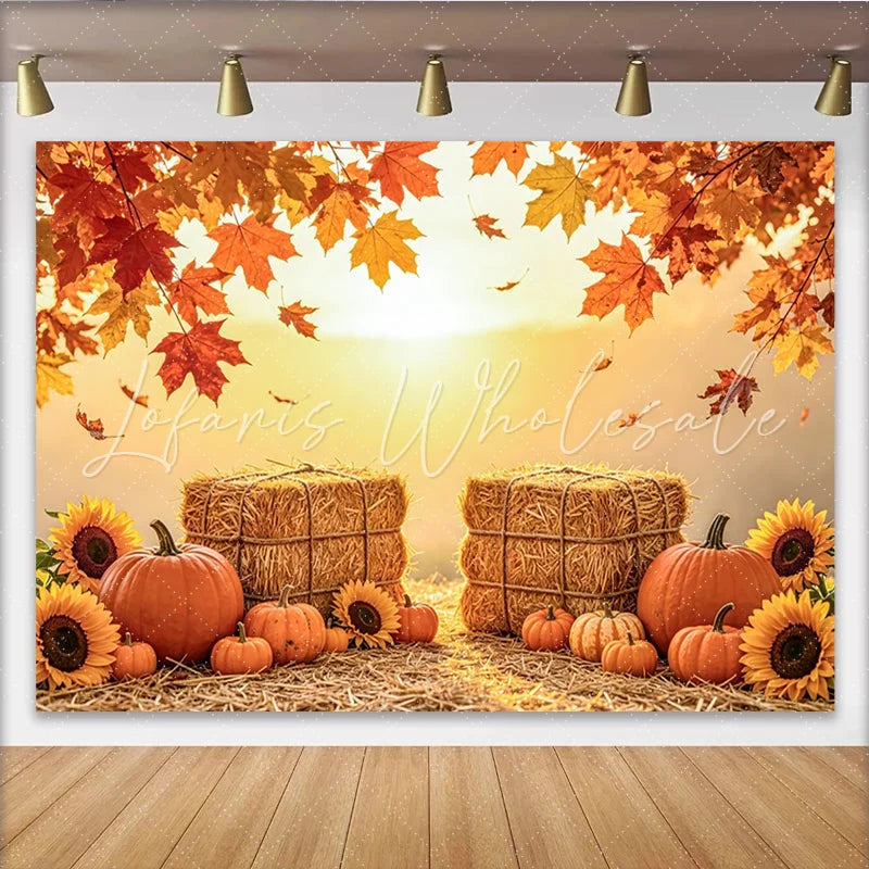 Capture Autumn Harvest Photography Backdrop with Pumpkins Rustic Hay Bales and Maple Leaves Background for Autumn Portrait