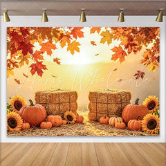 Capture Autumn Harvest Photography Backdrop with Pumpkins Rustic Hay Bales and Maple Leaves Background for Autumn Portrait
