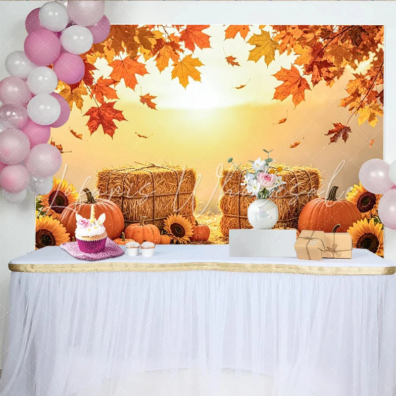 Capture Autumn Harvest Photography Backdrop with Pumpkins Rustic Hay Bales and Maple Leaves Background for Autumn Portrait