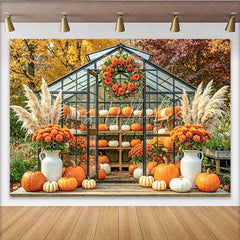 Capture Autumn Pumpkin Greenhouse Backdrop for Fall Portrait Rustic Orange Flower and Pampas Grass Background for Studio