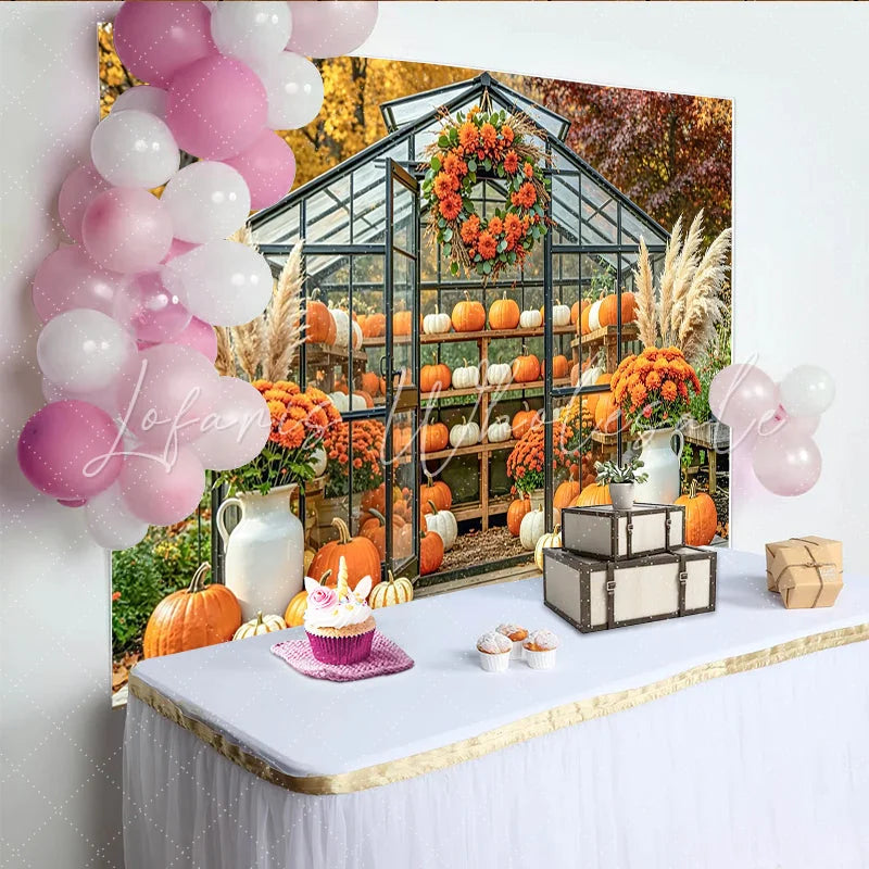 Capture Autumn Pumpkin Greenhouse Backdrop for Fall Portrait Rustic Orange Flower and Pampas Grass Background for Studio